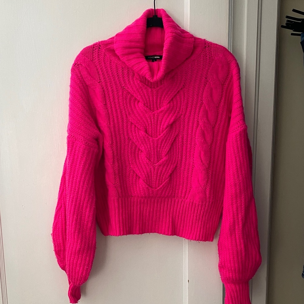 Fashion Nova Hot Pink Turtleneck Cropped Sweater